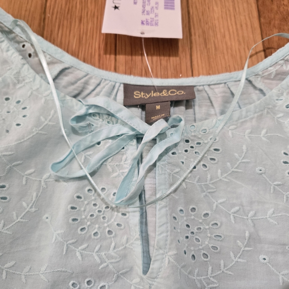 NWT Style & Co women's peasant blouse eyelet trim tie-neck size M - Picture 4 of 8